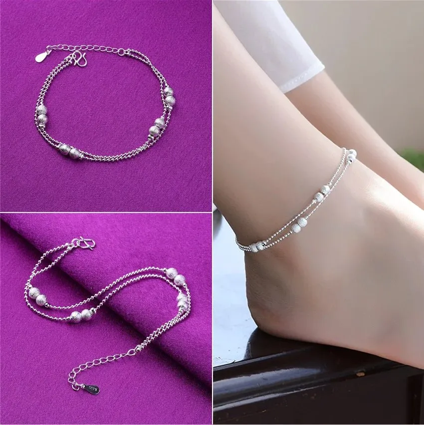 Sterling Silver Color Stamp Anklets For Women Foot Leg Chain Link Bracelet Double Layers Beach Accessories Fashion Jewelry