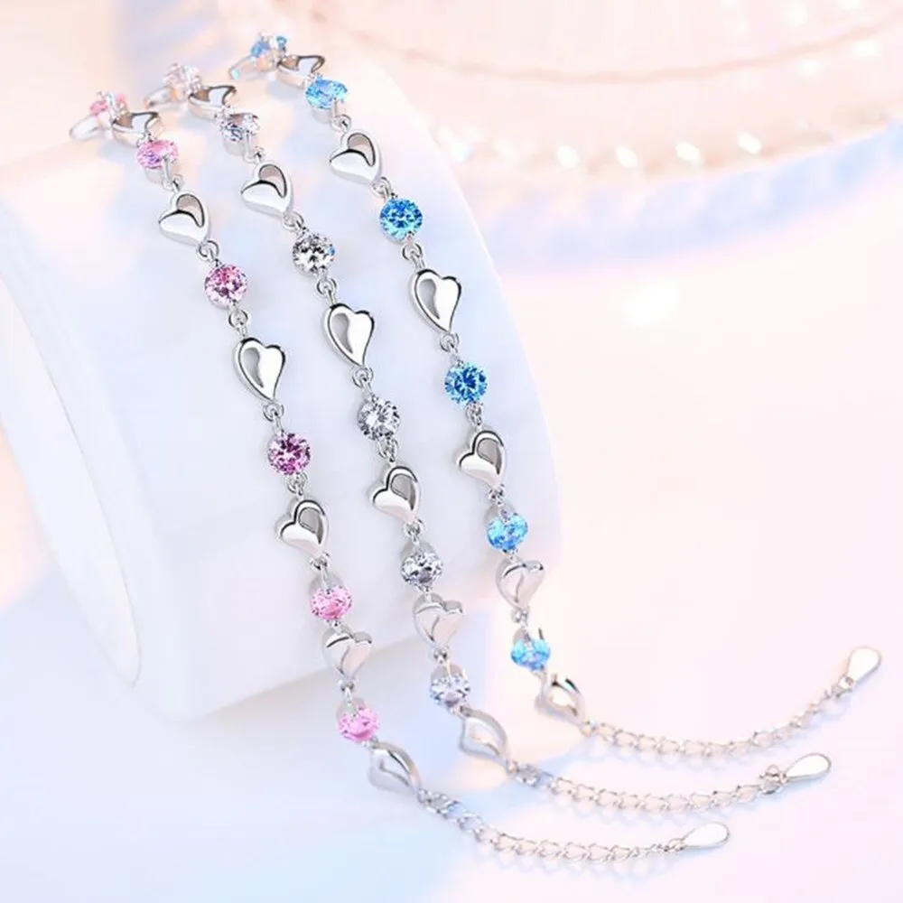 Sterling Silver Retro Coloured Heart Shaped Cubic Zirconia Bracelet