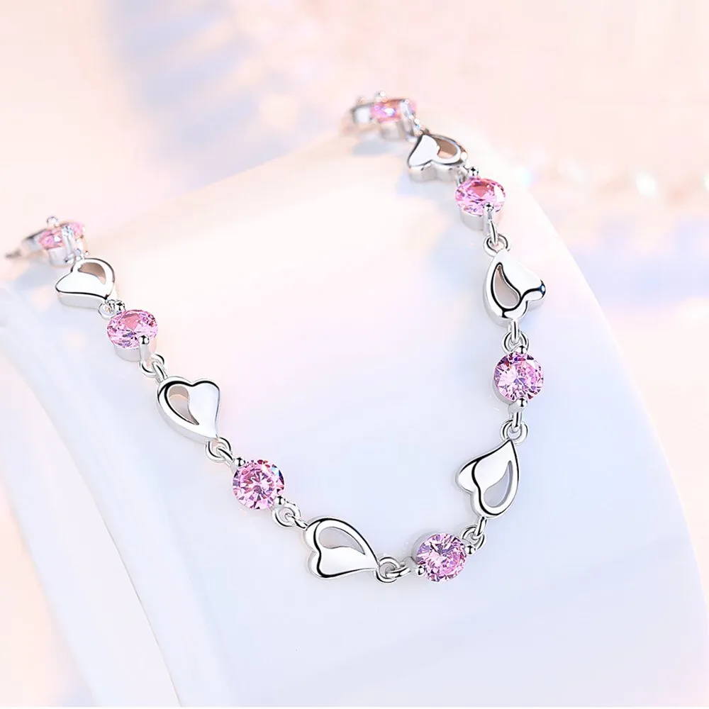 Sterling Silver Retro Coloured Heart Shaped Cubic Zirconia Bracelet