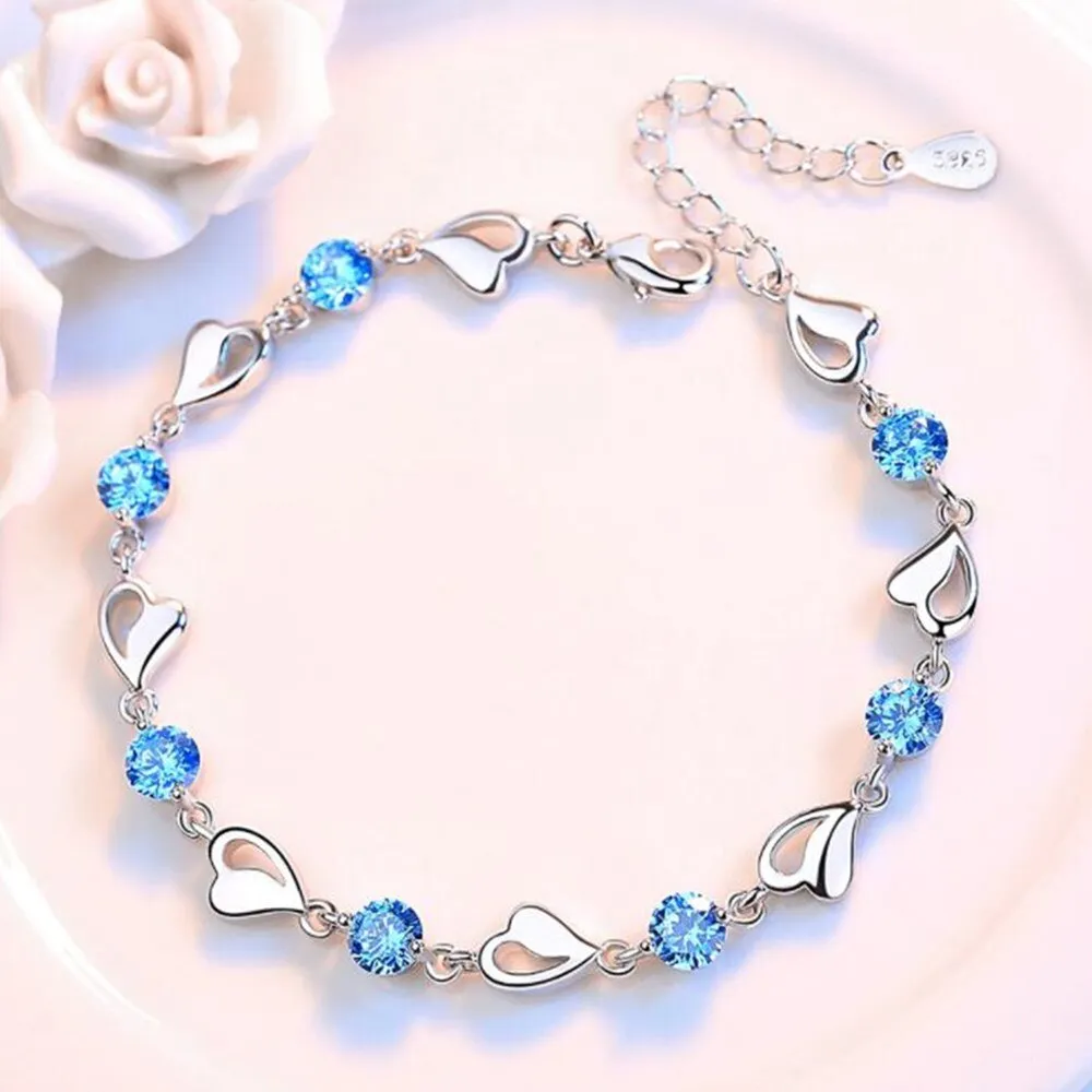 Sterling Silver Retro Coloured Heart Shaped Cubic Zirconia Bracelet