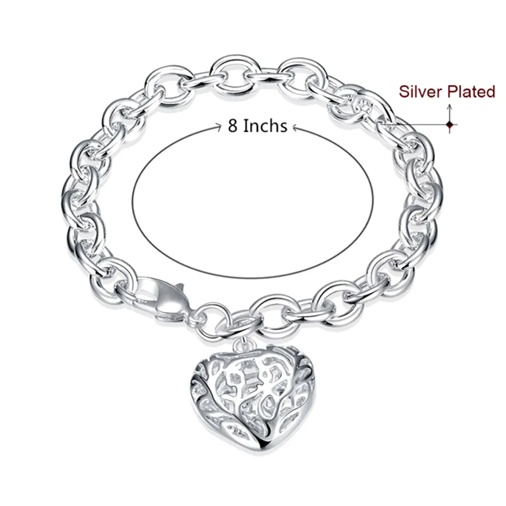 Stylish Puffed Heart Charm Rolo Link Bracelet For Woman