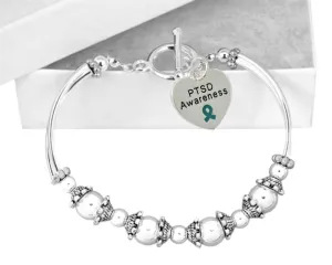 Teal Ribbon PTSD Awareness Heart Charm Partial Beaded Bracelets