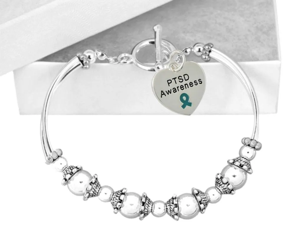 Teal Ribbon PTSD Awareness Heart Charm Partial Beaded Bracelets