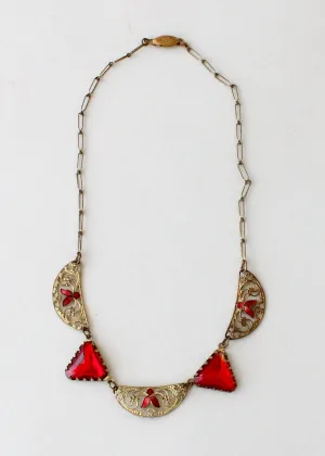 Vintage 1920s Red Glass and Enameled Necklace