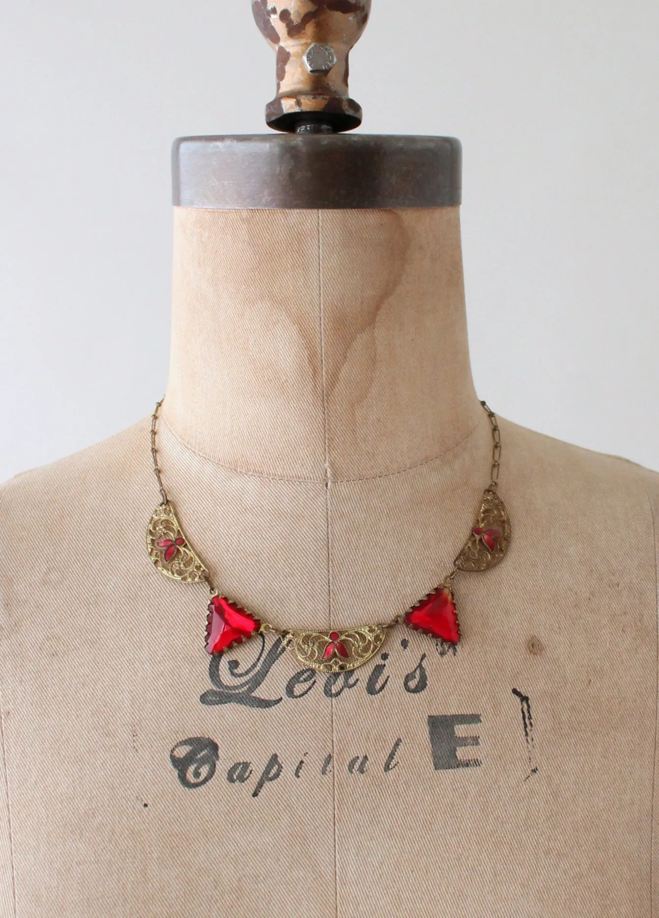 Vintage 1920s Red Glass and Enameled Necklace