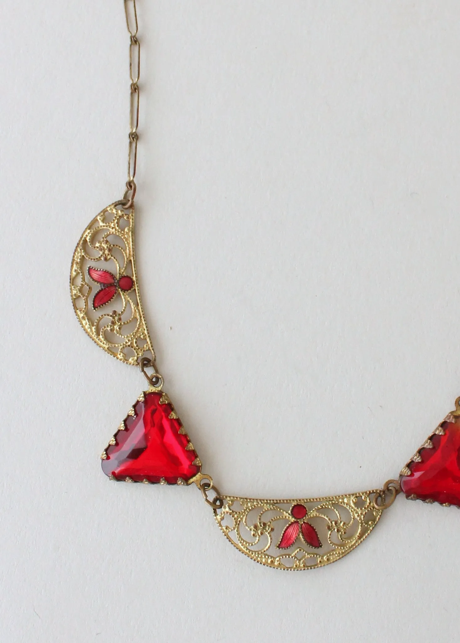 Vintage 1920s Red Glass and Enameled Necklace