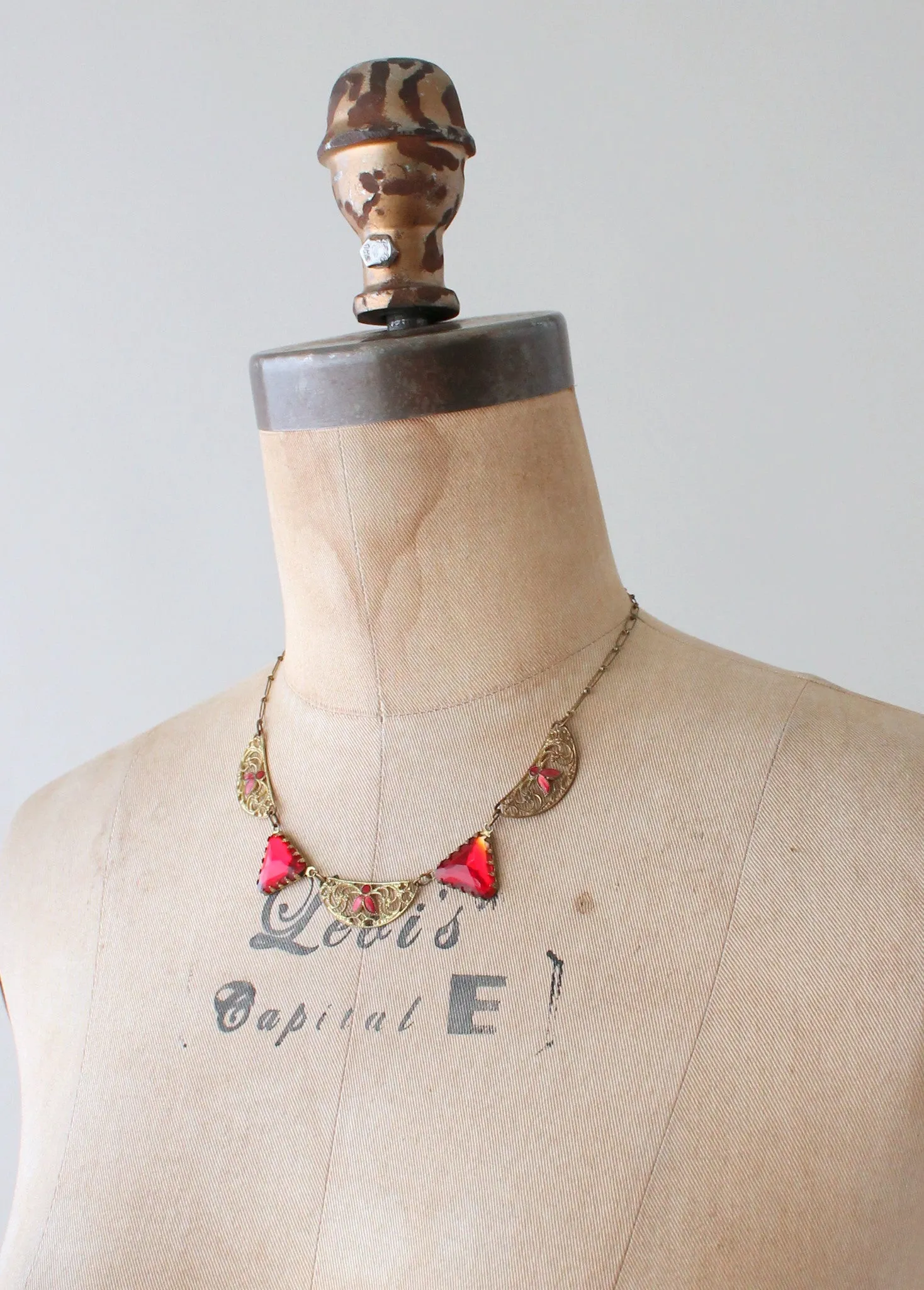 Vintage 1920s Red Glass and Enameled Necklace