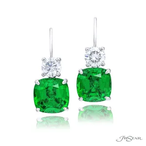 Vivid Green Cushion Emerald and Diamond Drop Earrings