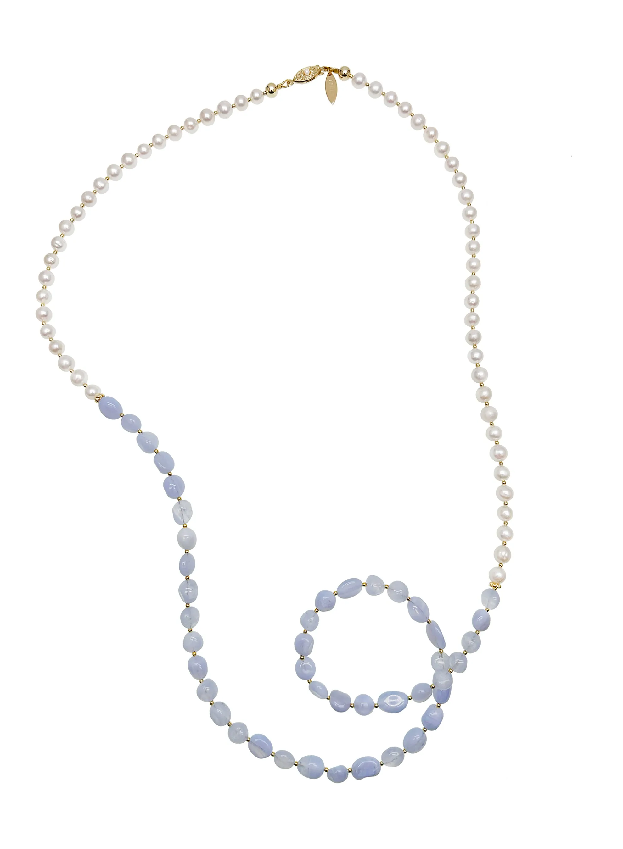 White Freshwater Pearls and Blue Lace Agate Long Necklace JN031