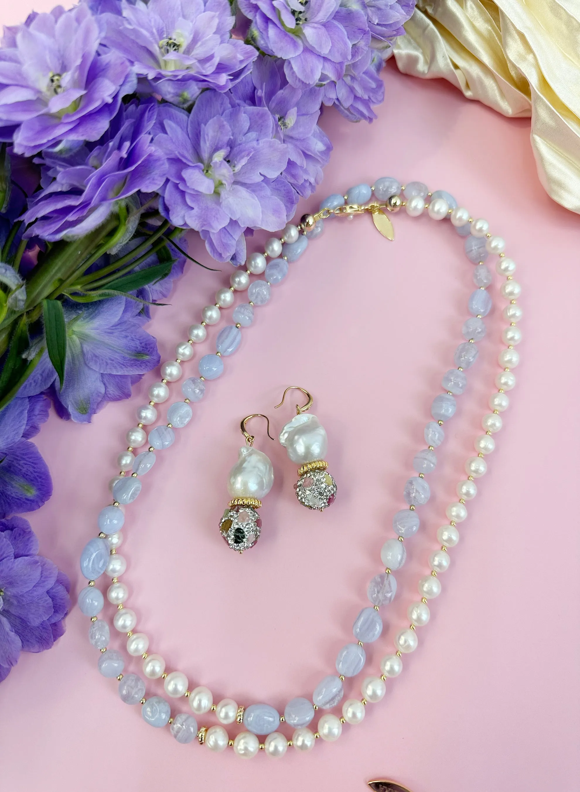 White Freshwater Pearls and Blue Lace Agate Long Necklace JN031