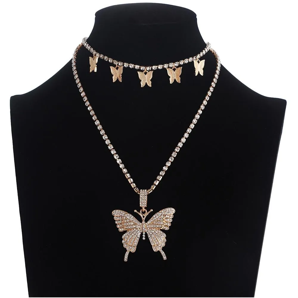 Women Sparkly Rhinestone Butterfly Chain Choker Necklaces