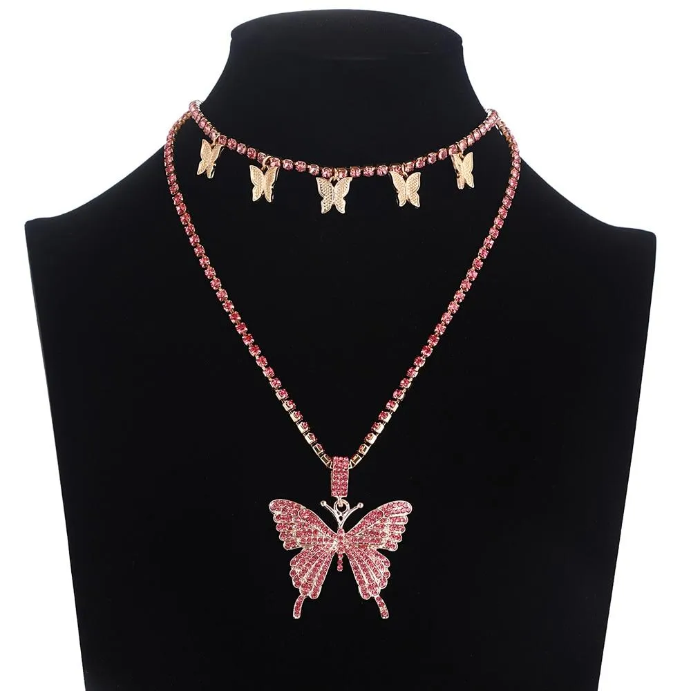 Women Sparkly Rhinestone Butterfly Chain Choker Necklaces