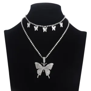 Women Sparkly Rhinestone Butterfly Chain Choker Necklaces