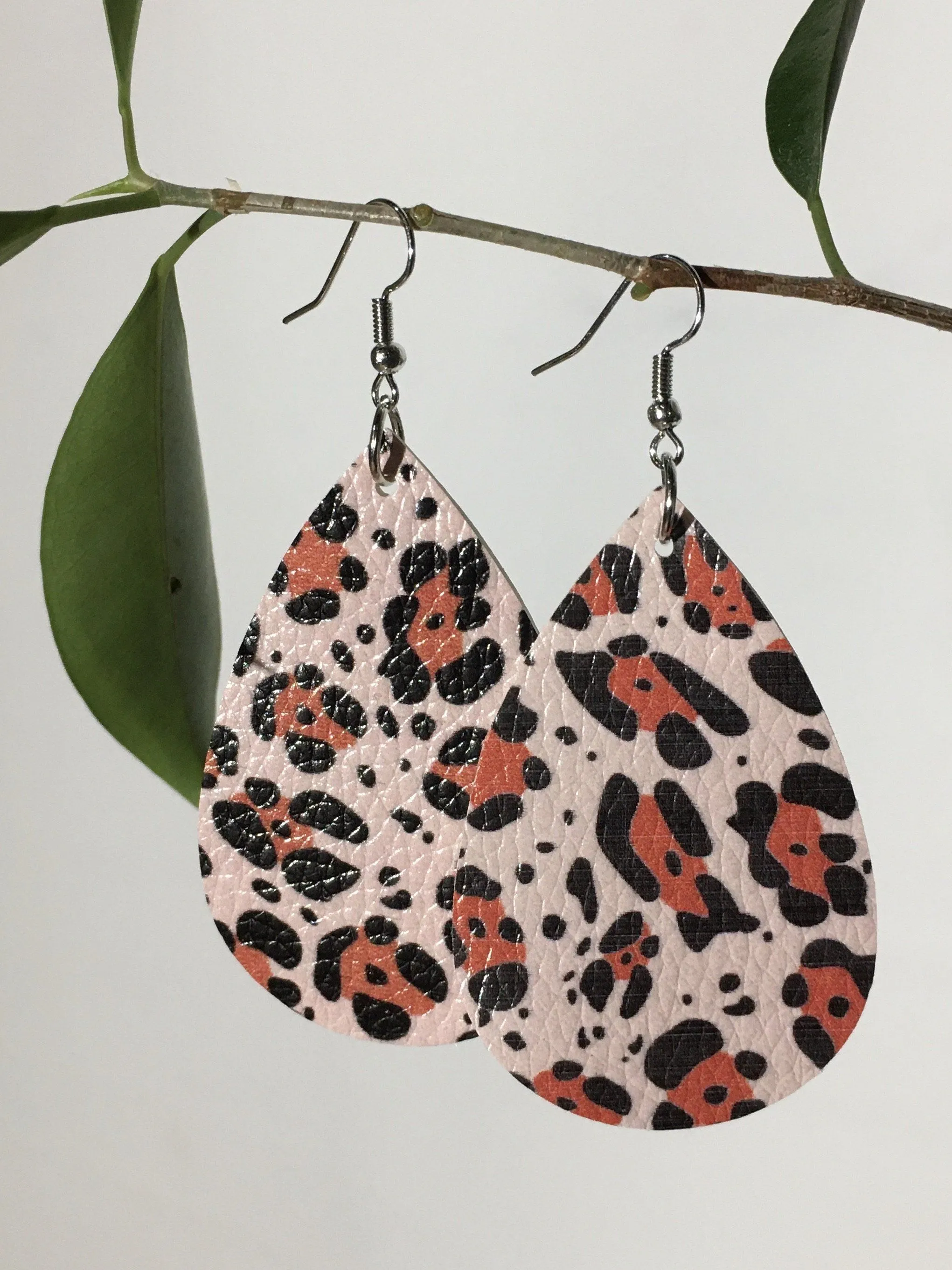 Womens Cheetah Earrings, Leather Teardrop Earrings, Hook & Loop, Pink or Beige