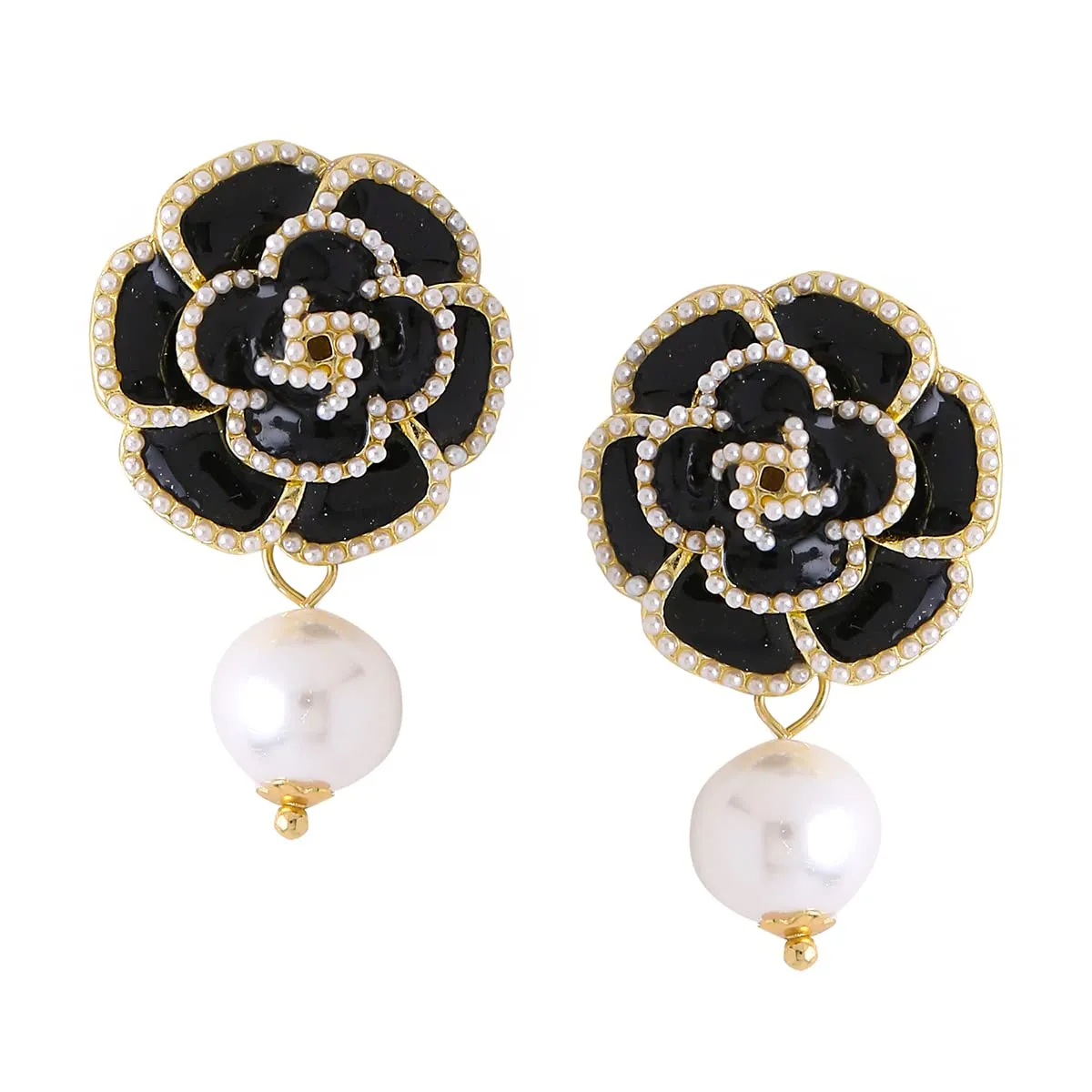 Yellow Chimes Earrings For Women Black Color Flower Stud With Pearl Hanging Drop Earrings For Women and Girls